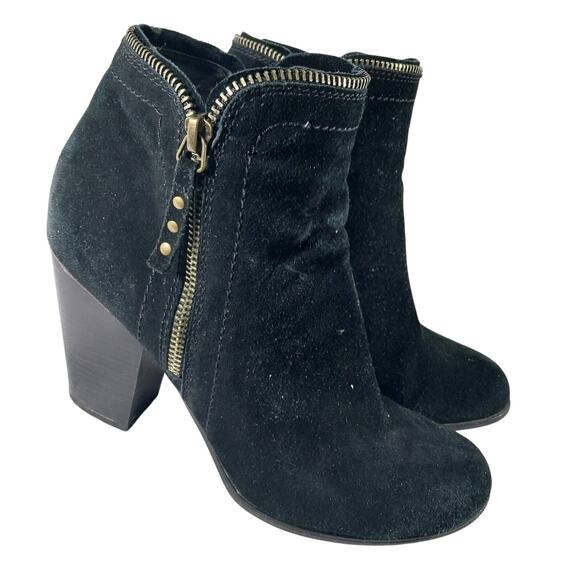 LIMELIGHT! BLACK GENUINE SUEDE LEATHER CHUNKY HEEL 2 ZIPPER ANKLE BOOTS! SZ 9M - Picture 1 of 10